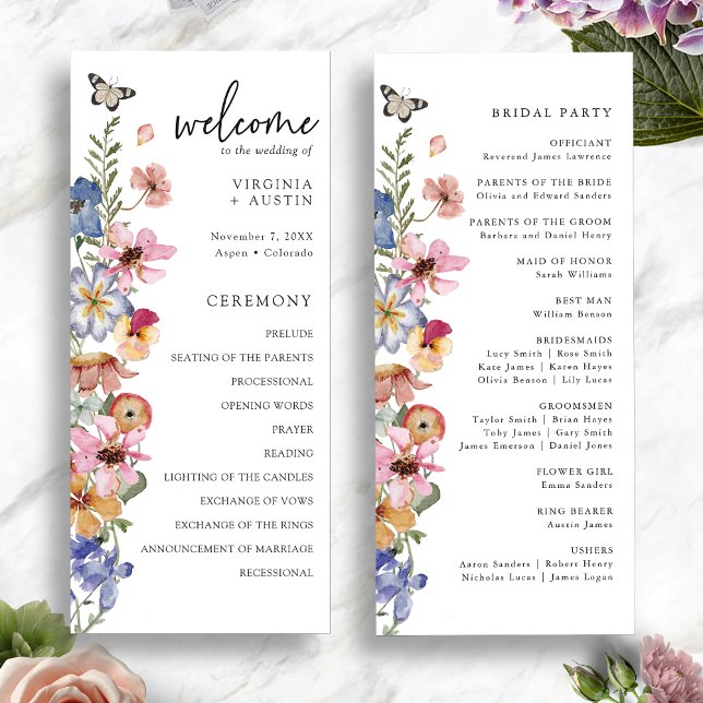 Programa Casamento Colorido de Flores Silvestres (Colorful Wildflower Wedding Program with Butterfly by Painted Paperie
)