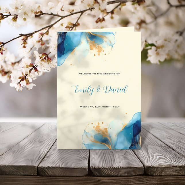Programa Casamento com abstrato Azul e Dourada Aquarela (Criador carregado)