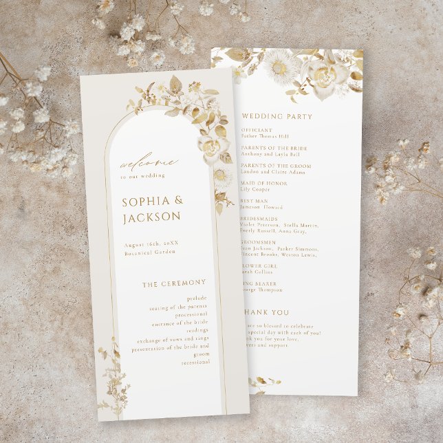 Programa Casamento com Arca Foral Botânica Dourada Elegante (Elegant Gold Botanical Floral Arch Wedding Program)