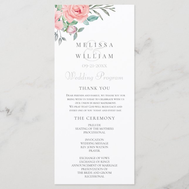 Programa Casamento com Blush Floral Watercolor (Frente)