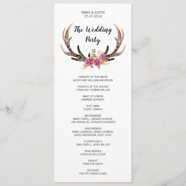 Programa Casamento com Boêmian Country Antlers Watercolor D (Frente)