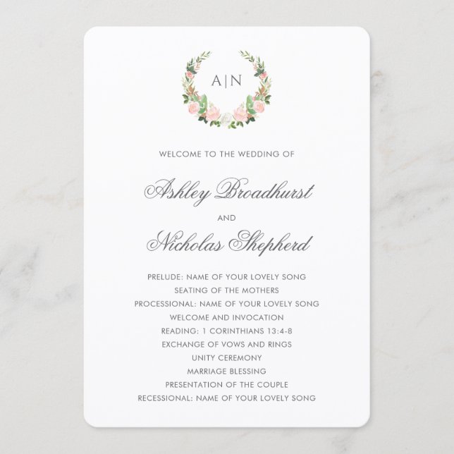 Programa Casamento com Brasão Floral em Aquarela Elegante (Frente)