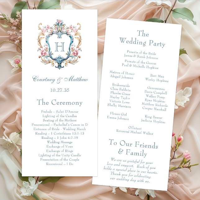 Programa Casamento com Brasão Floral Monogramado Vintage (Criador carregado)