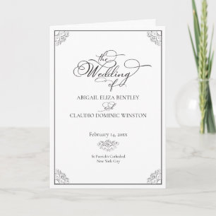 Programa Casamento com Caligrafia Clássica Elegante Preto e
