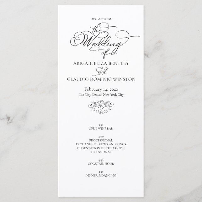 Programa Casamento com Caligrafia Clássica Elegante Preto e (Frente)