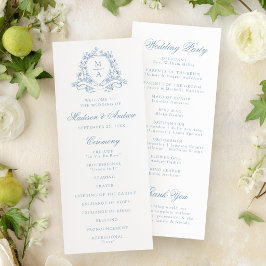 Programa Casamento com Crista Floral Azul Elegante Monogram