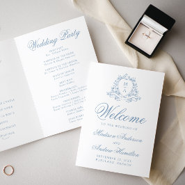 Programa Casamento com Crista Floral Azul Elegante Monogram