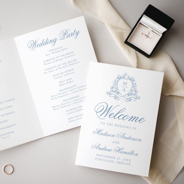 Programa Casamento com Crista Floral Azul Elegante Monogram (Criador carregado)