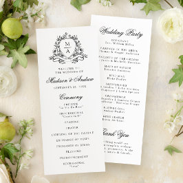 Programa Casamento com Crista Floral Monograma Preto Elegan
