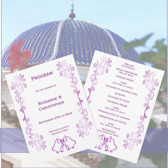Programa Casamento com Design de Rolagem de Bells Roxos (Purple wedding church program bells and scrollwork design)