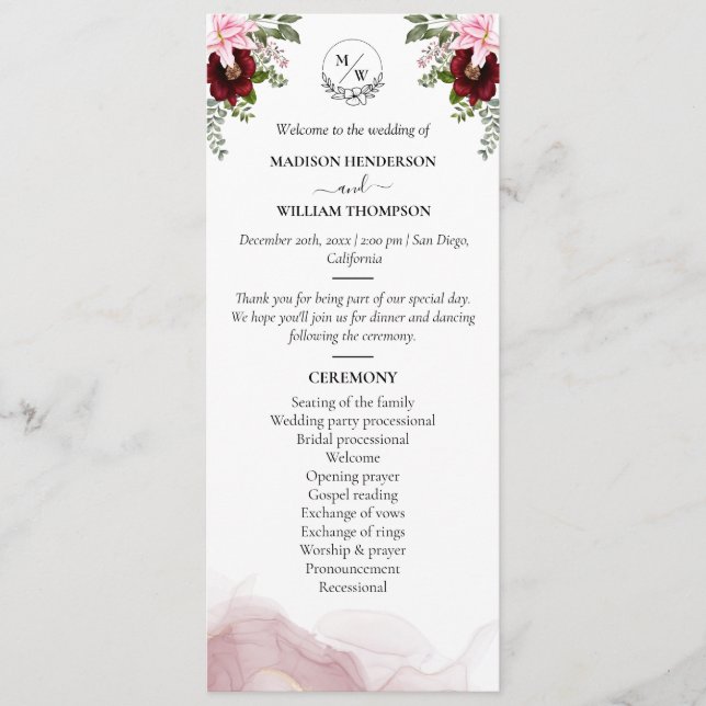 Programa Casamento com Flor Elegante Burgundy (Frente)