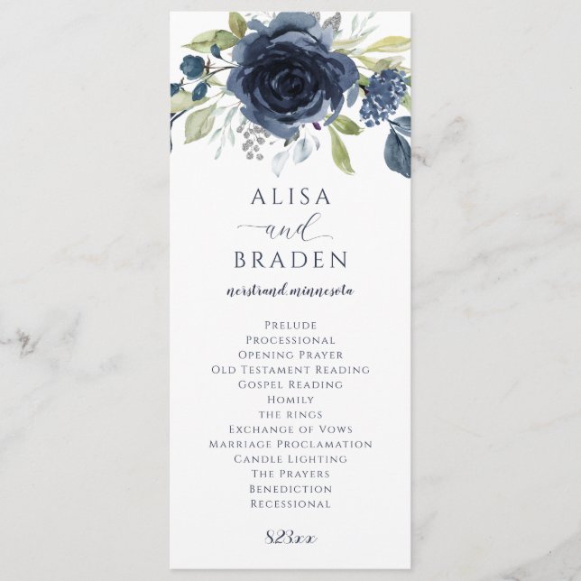 Programa Casamento com Floral em Aquarela Azul Marinho Prat (Frente)