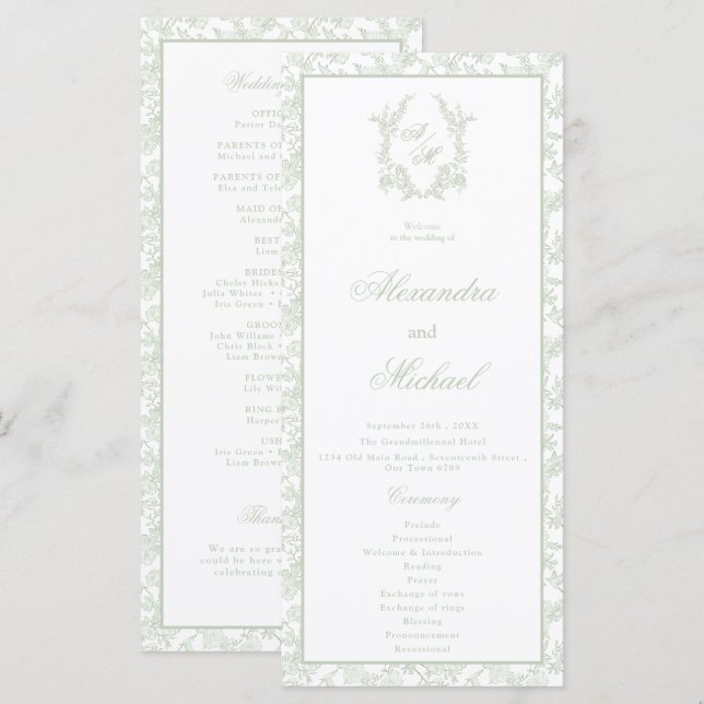 Programa Casamento com Floral Toile de Sage Elegante e Mono (Frente/Verso)