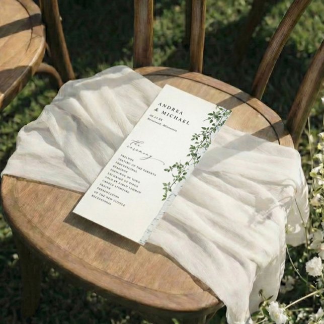 Programa Casamento com Folhagem de Árvore de Birch Simples (Elegant Woodsy Birch Tree Wedding Programs)