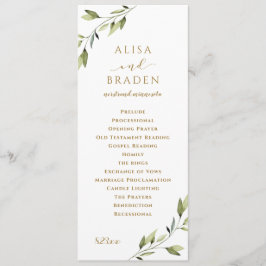 Programa Casamento com Folhagem em Aquarela Verde e Dourado
