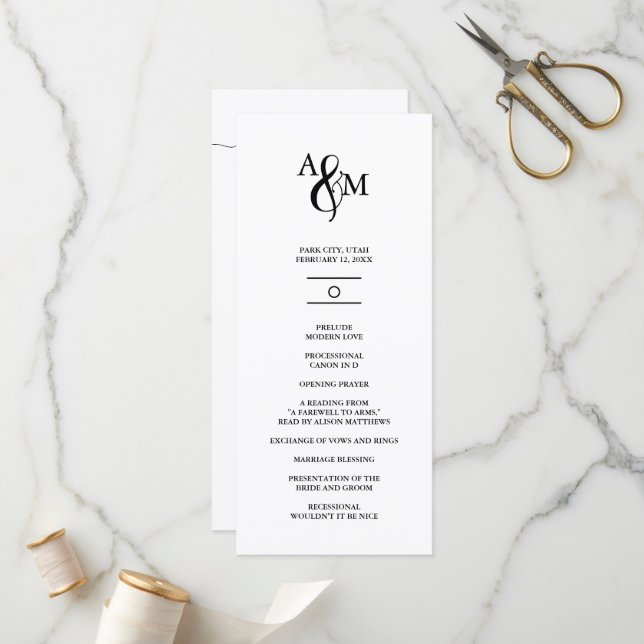 Programa Casamento com Monograma Preto e Branco Moderno (Frente/Verso In Situ)