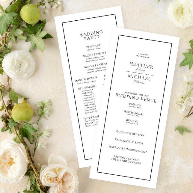 Programa Casamento com Tipografia de Script Preto e Branco  (Easily create a wedding program to match your formal invitation suite!)