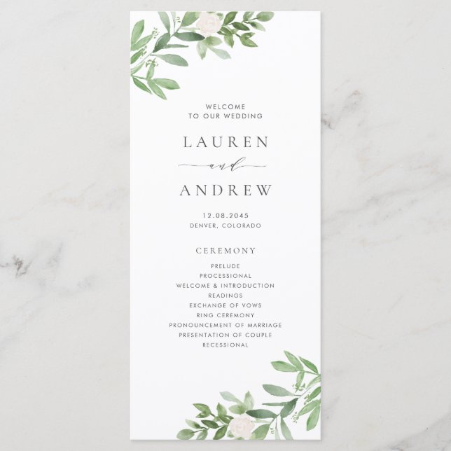Programa Casamento com Verde Folhagem em Aquarela e Flores  (Frente)