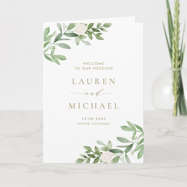 Programa Casamento com Verde Folhagem em Aquarela e Flores  (Frente)