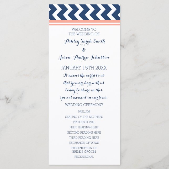 Programa Casamento Coral Blue Chevron (Frente)