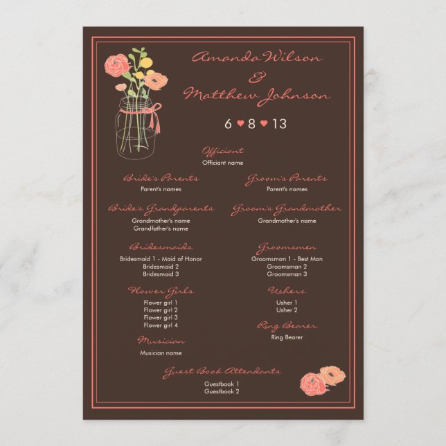 Programa Casamento Coral e Brown Mason Jar (Frente)