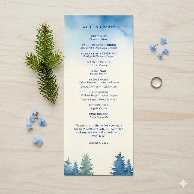 Programa Casamento da Natureza Moderna da Floresta Azul (Green and blue pine trees wedding program.)