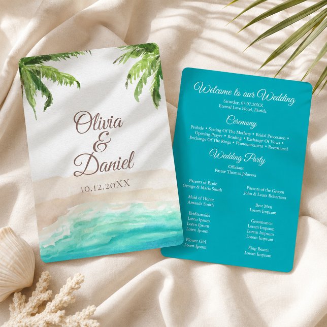 Programa Casamento de Água Tropical e Palmeiras em Aquarela (Watercolor Tropical Beach and Palm Trees Wedding Program)