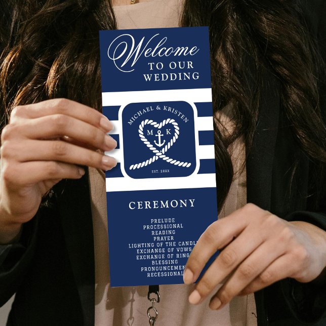Programa Casamento de Âncora Náutica Blue Striped Heart (Nautical Blue Striped Heart Anchor Wedding Program
)