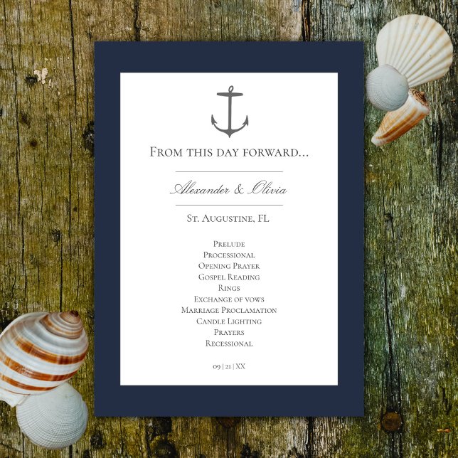 Programa Casamento de Âncora Náutica Simples | Azul Marinho (Navy Simple Nautical Anchor Wedding Program)