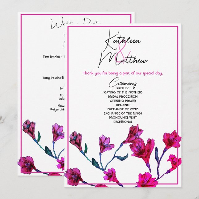 Programa Casamento De Aquarela Floral Rosa Brilhante (Frente/Verso)