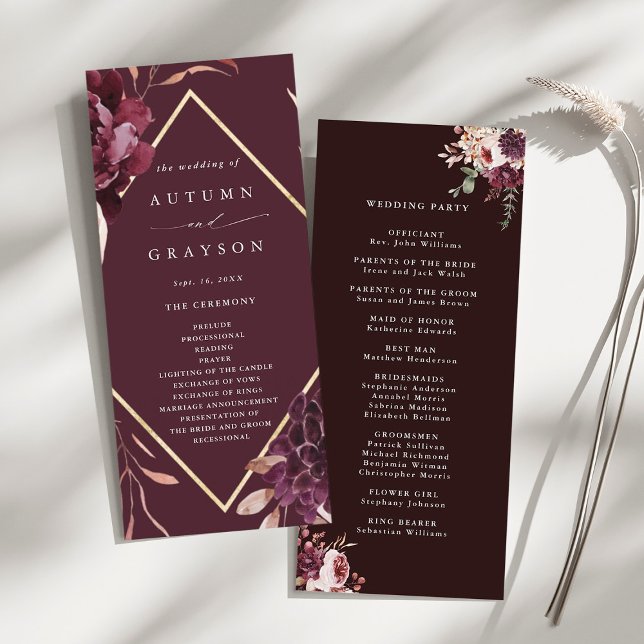 Programa Casamento de Autumn Romance Dourado Frame Burgundy (Front & Back)