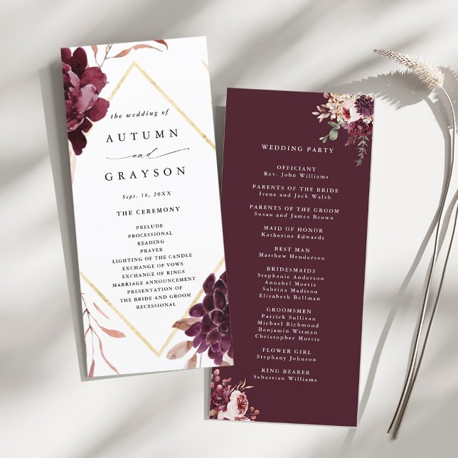 Programa Casamento de Autumn Romance Dourado Frame Burgundy (Front & Back)