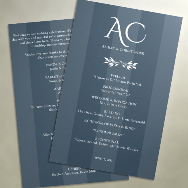 Programa Casamento de Azul Indigo Striped Monograma Minimal (Criador carregado)