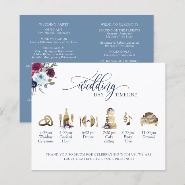 Programa Casamento de Berry Dusty Blue Burgundy Cr (Frente/Verso)