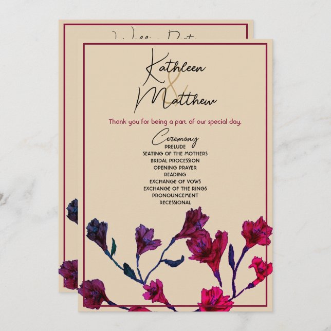 Programa Casamento de Burgundy Floral Watercolor (Frente/Verso)