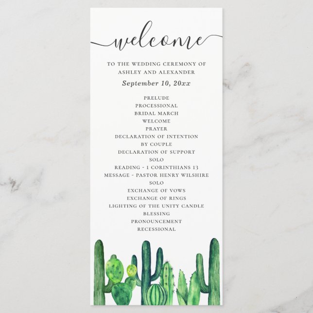 Programa Casamento de cacto verde aquarela e suculentas (Frente)