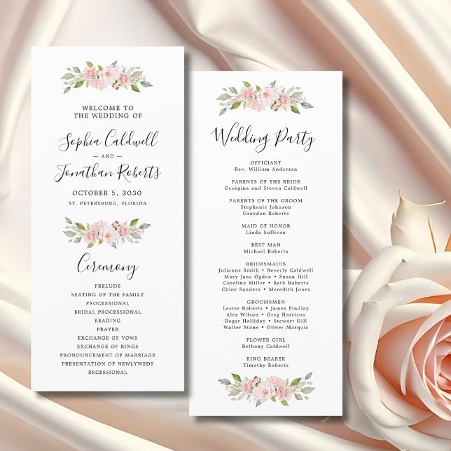 Programa Casamento de Caligrafia de Rosas Rosa Elegante (Elegant Pink Roses Custom Wedding Program)