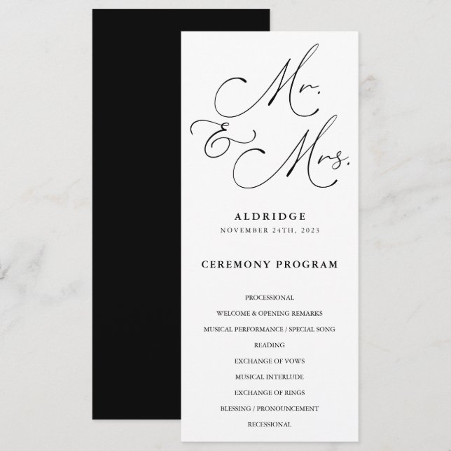 Programa Casamento de Caligrafia Preto e Branco Sr. e Sra. (Frente/Verso)