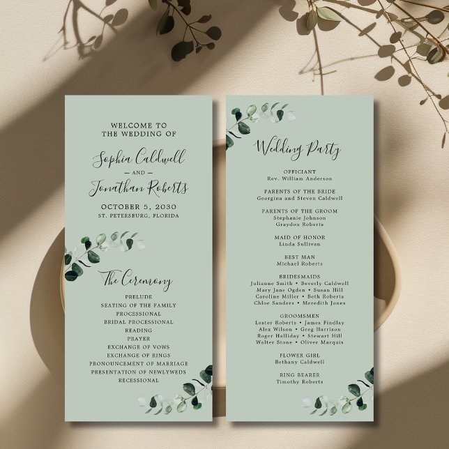Programa Casamento de Caligrafia Romântica Eucalyptus Sage (Eucalyptus Sage Romantic Calligraphy Wedding Program)