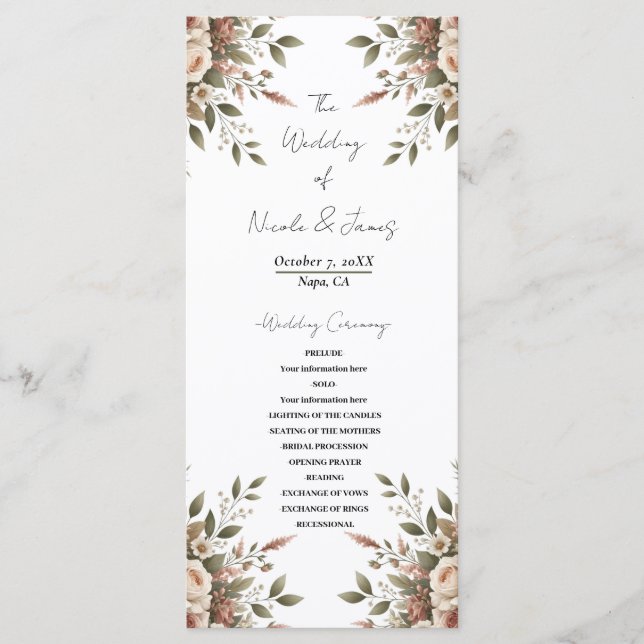 Programa Casamento de Canto Floral Verde Oliva e Branco Ele (Frente)