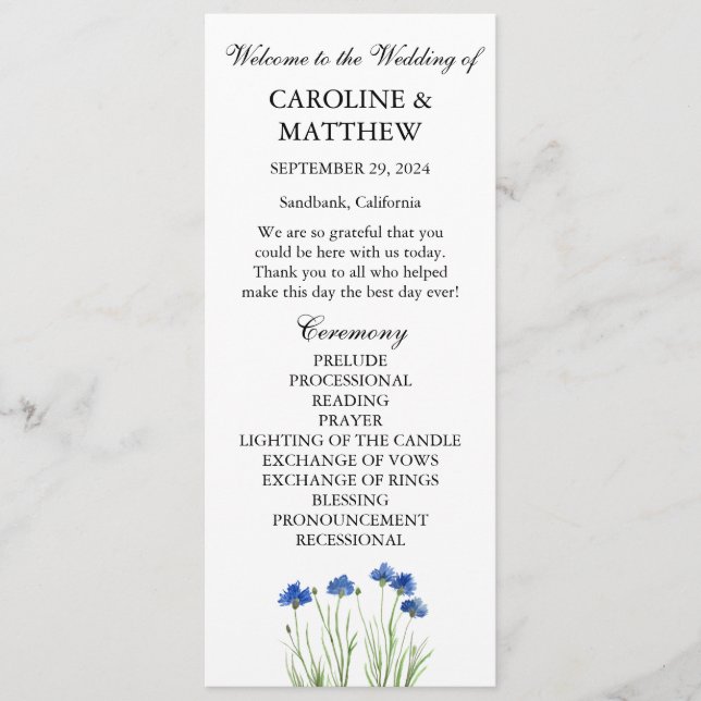 Programa Casamento de Cornflower Blue Floral (Frente)
