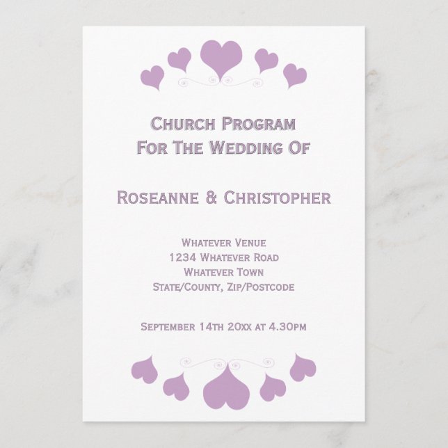 Programa Casamento de Design Corações Lilás (Frente)