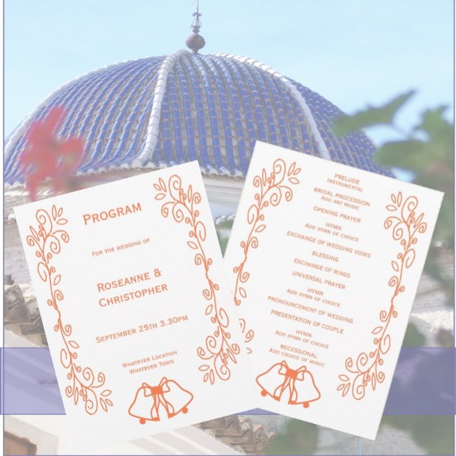 Programa Casamento de Design de Coral Bells (Coral wedding church program bells scrollwork design)