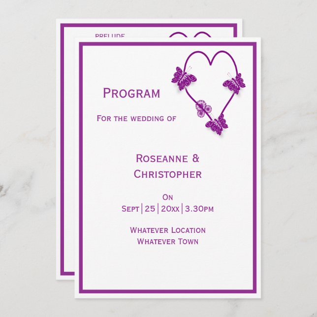 Programa Casamento de Design do Coração das Borboletas Roxa (Frente/Verso)