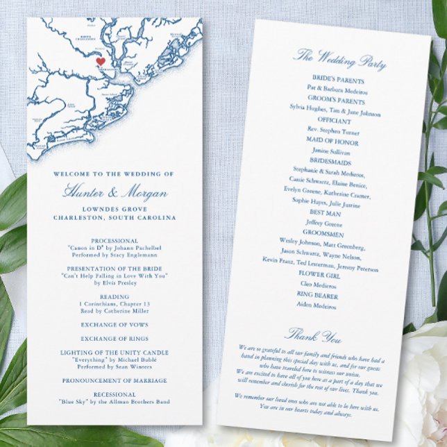 Programa Casamento de Destino de Charleston Carolina do Sul (Charleston SC Map Wedding Program for an elegant navy blue destination wedding. Coastal Map Designs)