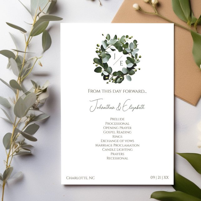 Programa Casamento de Eucalyptus Wreath, Monograma Moderno  (White Modern Monogram Eucalyptus Wreath Wedding Program)