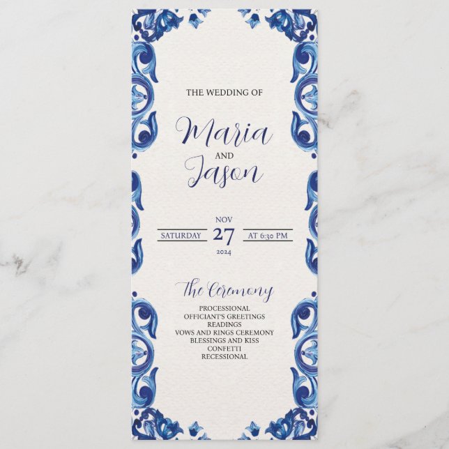 Programa Casamento de Fiesta Floral Elegante Azul Mexicano (Frente)