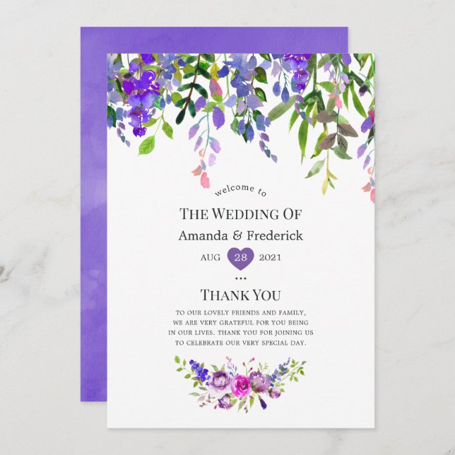 Programa Casamento de Flor de Aquarela Violeta Ultra (Frente/Verso)