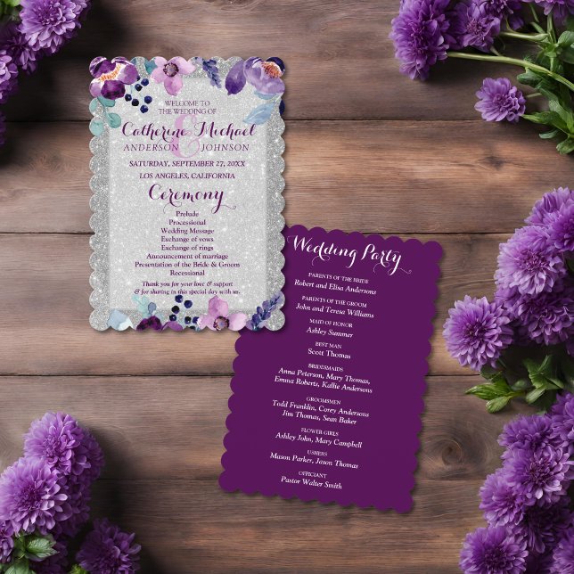 Programa Casamento de Floral e Silver de Aquarela Roxo (Flat lay classic elegant garden bold chic modern feminine violet luxury botanical Wedding Program)