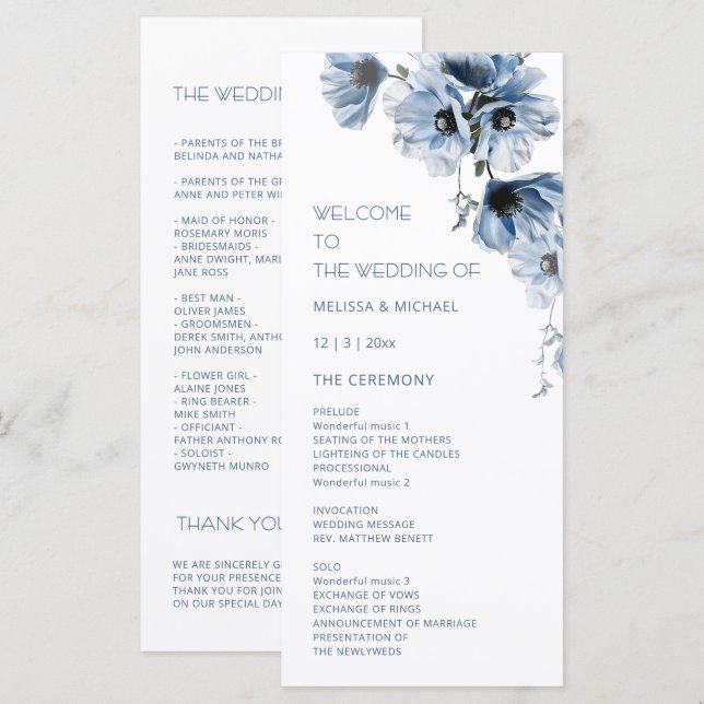Programa Casamento de Flores Azuis Artísticas (Frente/Verso)